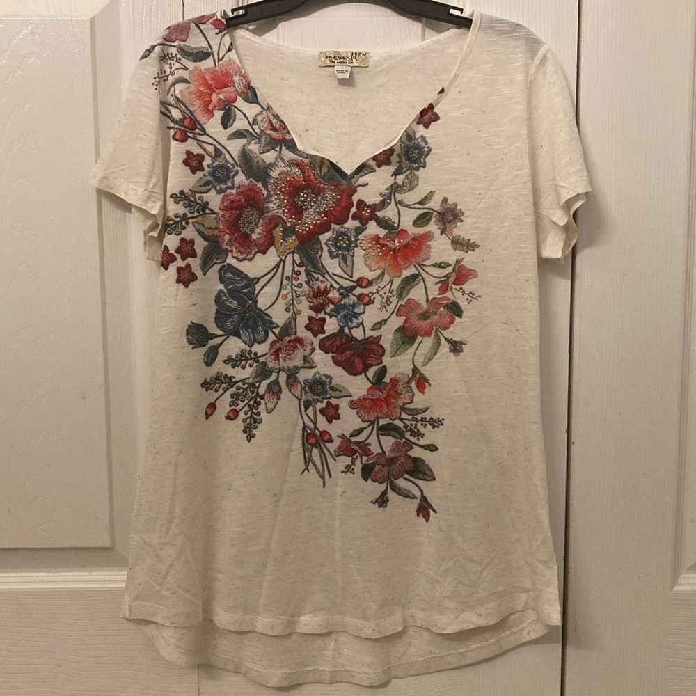 One World Cream colorful Floral Short Sleeve Tee with bling.